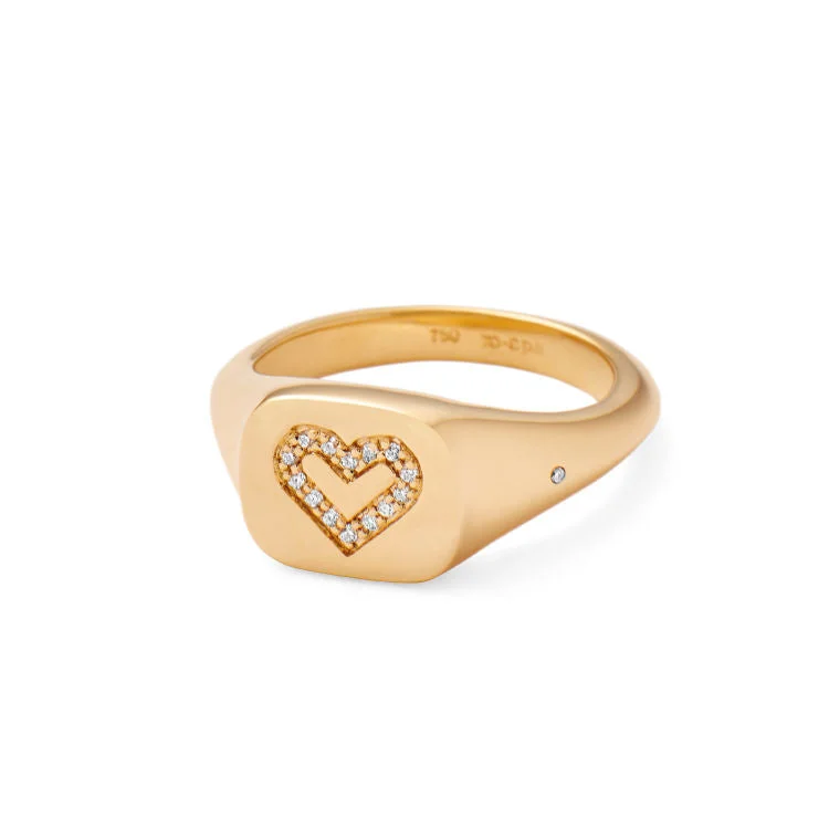 women’s romantic rings-Rock Heart Signet Solid 18K Gold Ring w. Diamonds