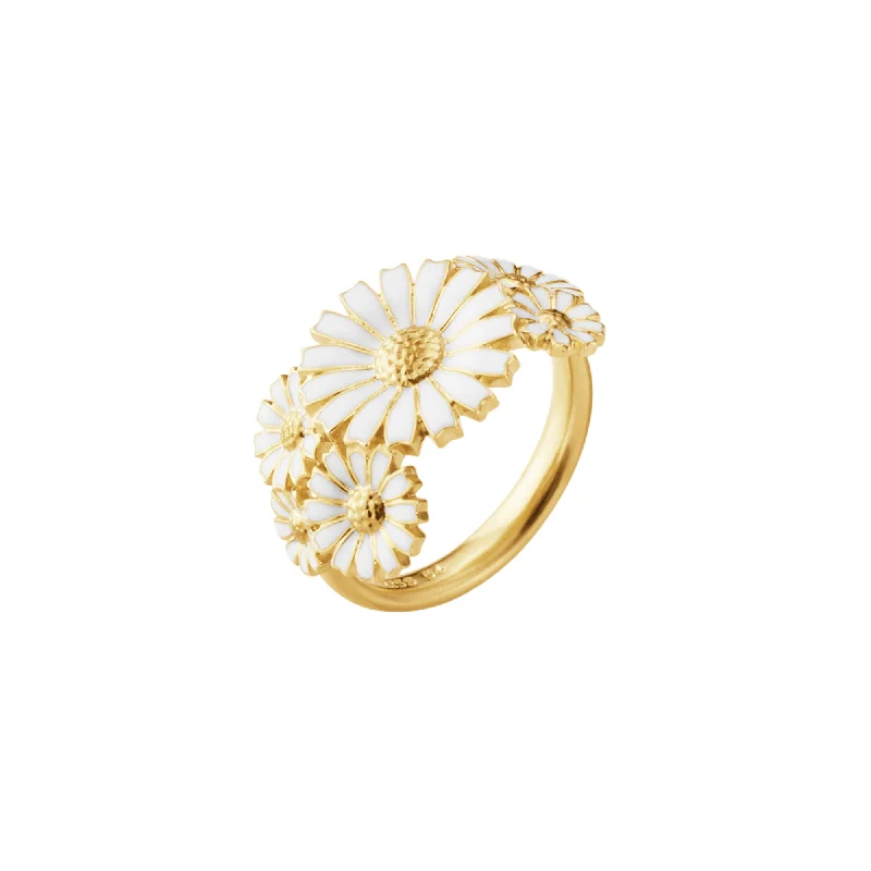 women’s diamond solitaire rings-Daisy Layered Gold Plated Ring w. White Enamel