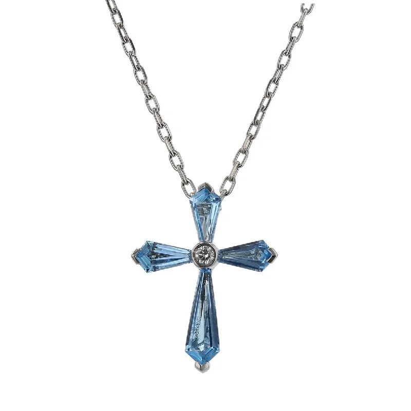 women’s vintage necklaces-Blue Topaz and Diamond Cross Pendant Necklace