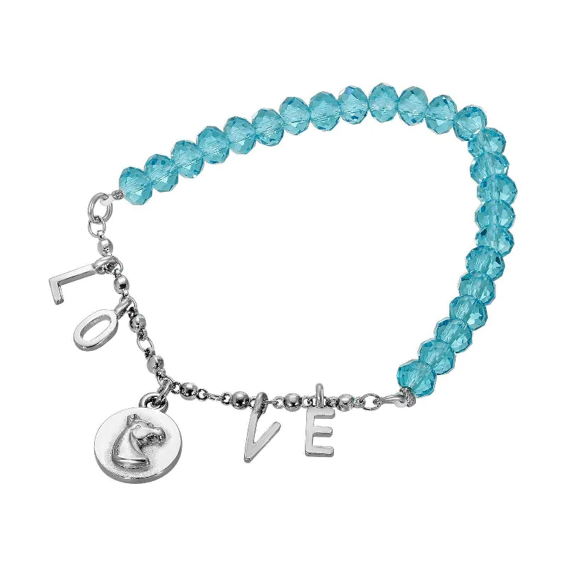 women's zodiac sign bracelets-1928 Jewelry Horse Head Pendant LOVE Aqua Bead Stretch Bracelet