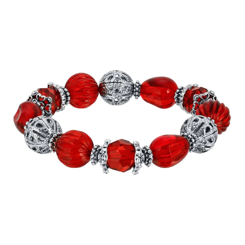 women's butterfly bracelets-1928 Jewelry Siam Red Multi Beaded Round Filigree Ball Stretch Bracelet