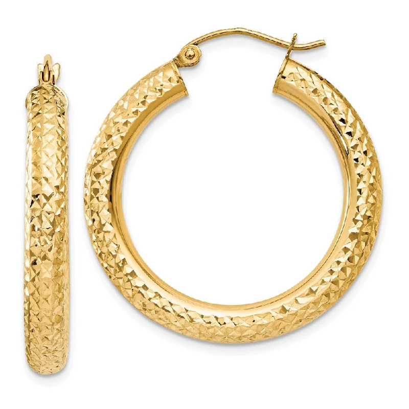 women's short earrings-4mm, 14k Yellow Gold Diamond-cut Hoops, 30mm (1 1/8 Inch)