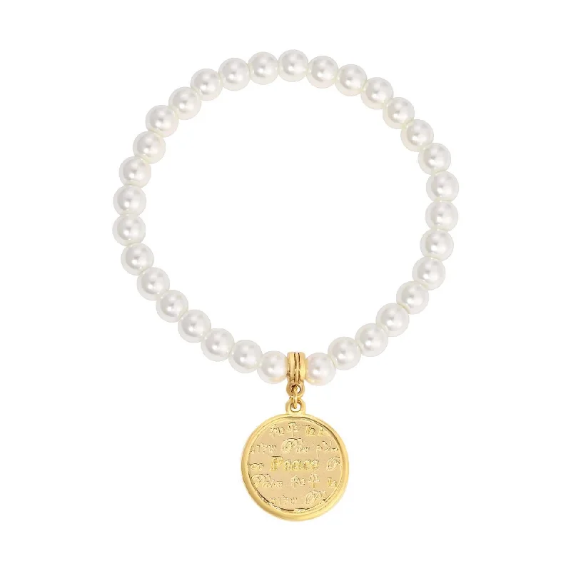 women's feng shui bracelets-1928 Jewelry 6mm Faux Pearl Multilingual Peace Medallion Stretch Bracelet