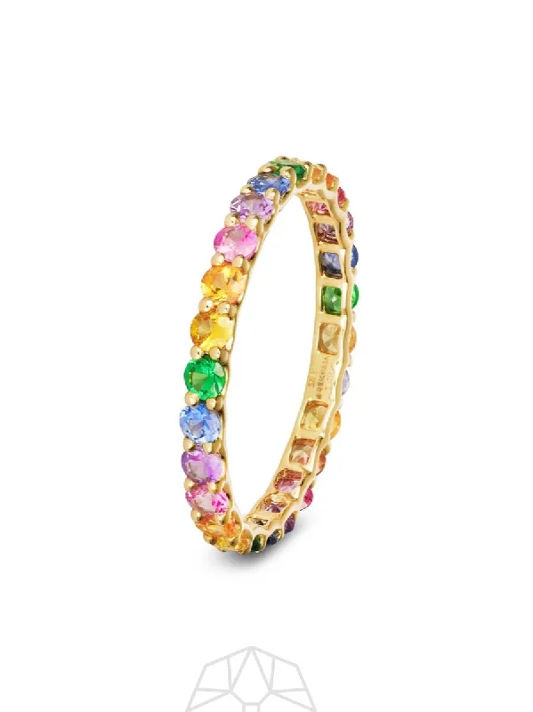 women’s rose gold rings-Rainbow Sapphire Skinny 14K Gold Ring