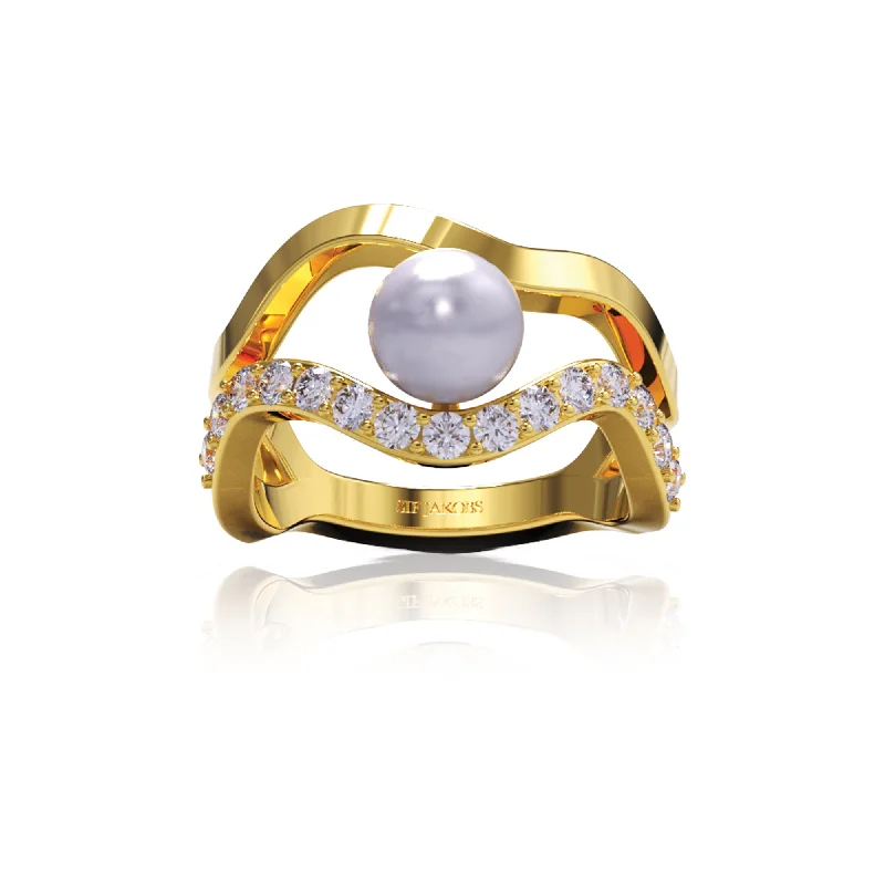 women’s vintage-inspired rings-Ponza 18K Gold Plated Ring w. Zirconias & Pearl