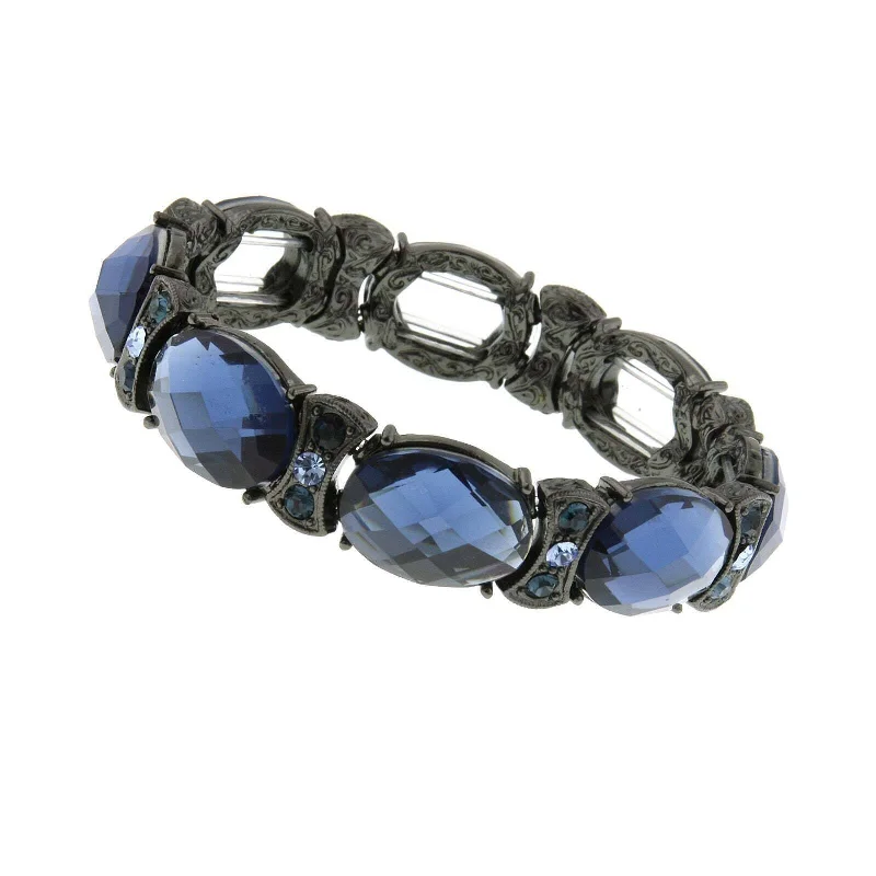 women's engraved bracelets-2028 Jewelry Blue Stone & Crystal Black Stretch Bracelet