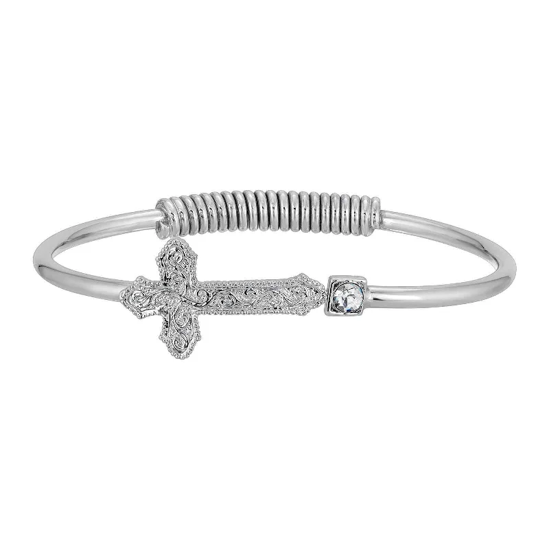 women's anniversary bracelets-1928 Jewelry Silver Vine Cross Round Crystal Hinge Bangle Bracelet