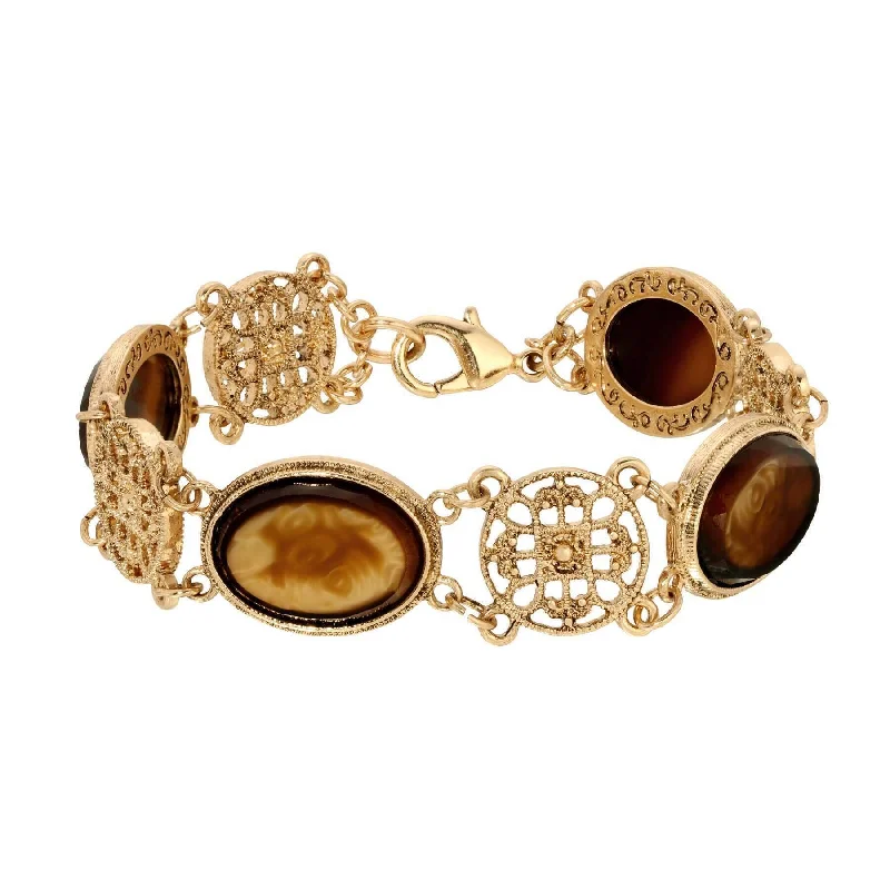 women's acrylic bracelets-1928 Jewelry Meso Round Intricate Filigree Oval Tortoise Glass Stones Link Bracelet 7.75"