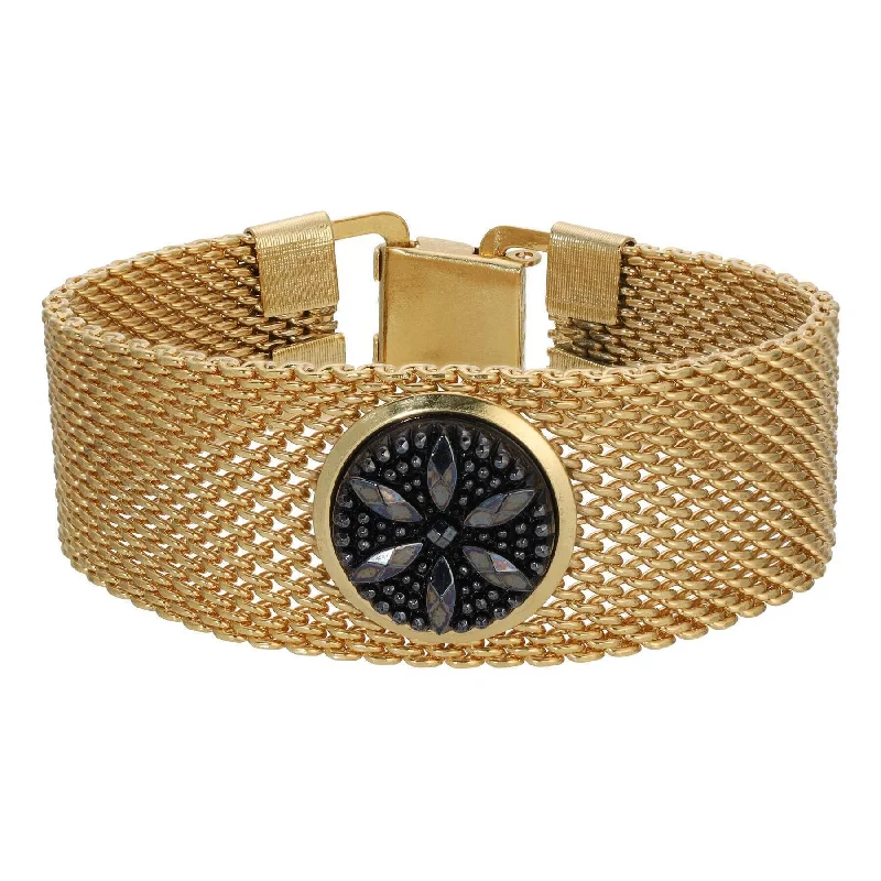 women's ethnic bracelets-1928 Jewelry Black Glass Flower Gold Mesh Bracelet