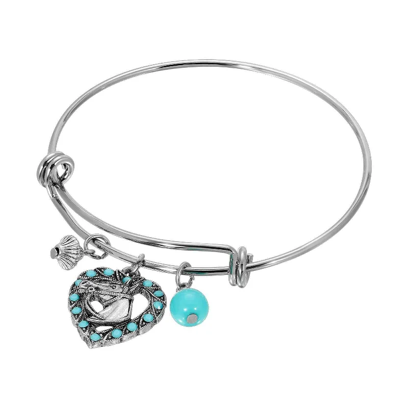 women's engraved bracelets-1928 Jewelry Heart Horse Head Turquoise Crystal & Charms Wire Bracelet