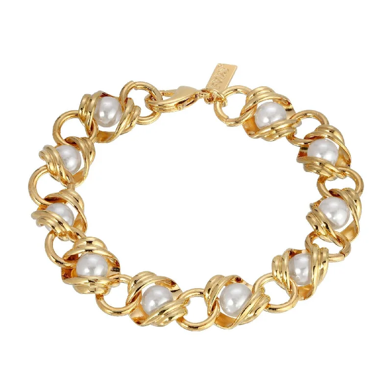 women's diamond bracelets-1928 Jewelry Chain with Faux Pearl Inset Link Bracelet