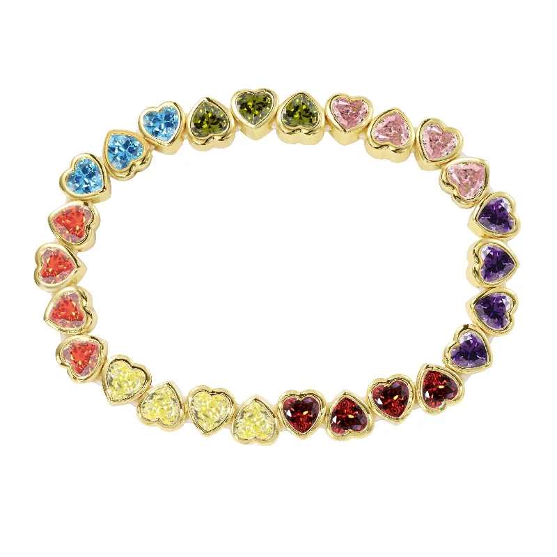 women's gold bracelets-Stretchy Bezel Heart Bracelet Rainbow