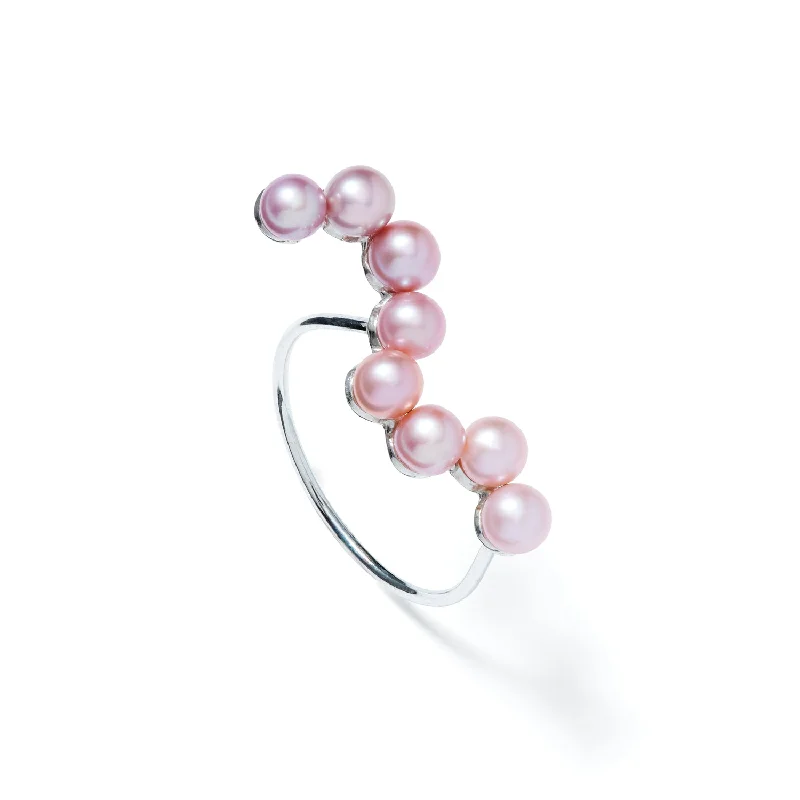 women’s double ring sets-Curves Silver Ring w. Pearls