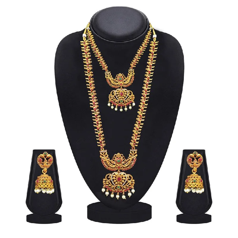 women’s vintage necklaces-Kriaa Gold Plated Green & Pink & Pearl Double Necklace Set - 1116006A