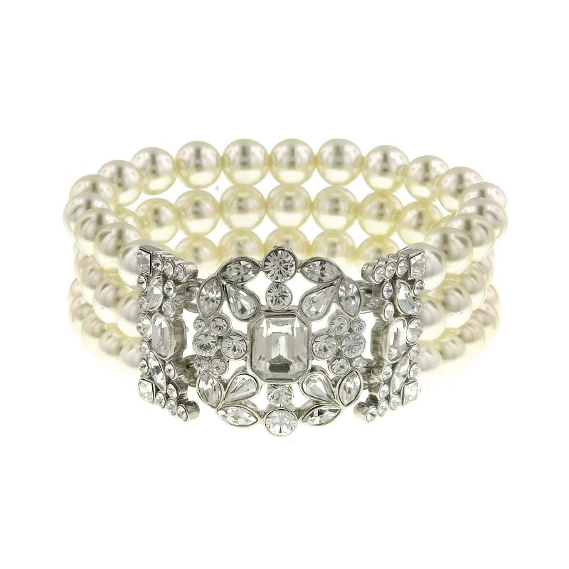 women's gold bracelets-Antiquities Couture Crystal Three Row Faux Pearl Multi Crystal Stretch Bracelet