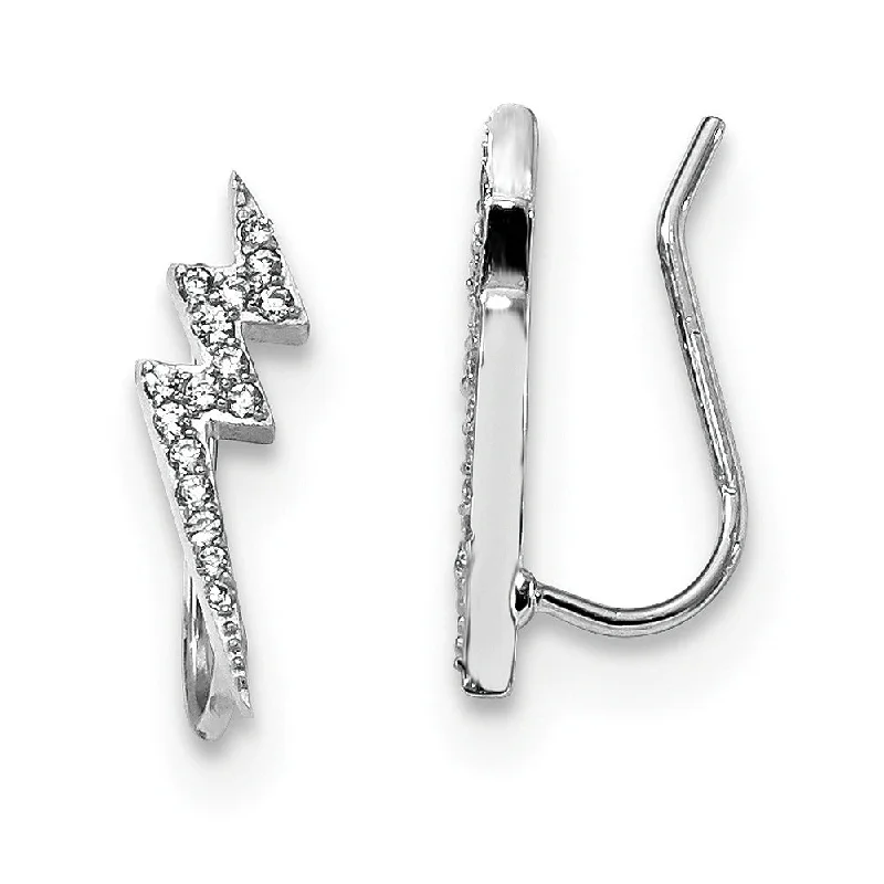 women's ear cuff earrings-5 x 15mm Rhodium-Plated Sterling Silver CZ Lightning Bolt Ear Climbers