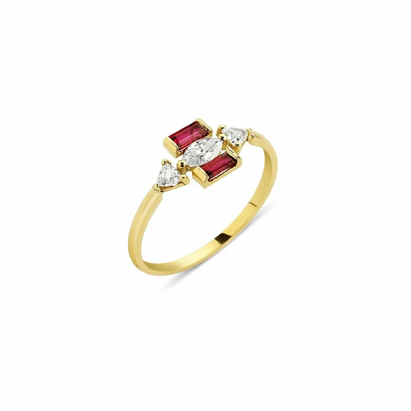 women’s trendy rings-Eline 18K Gold Ring w. Diamonds & Rubies