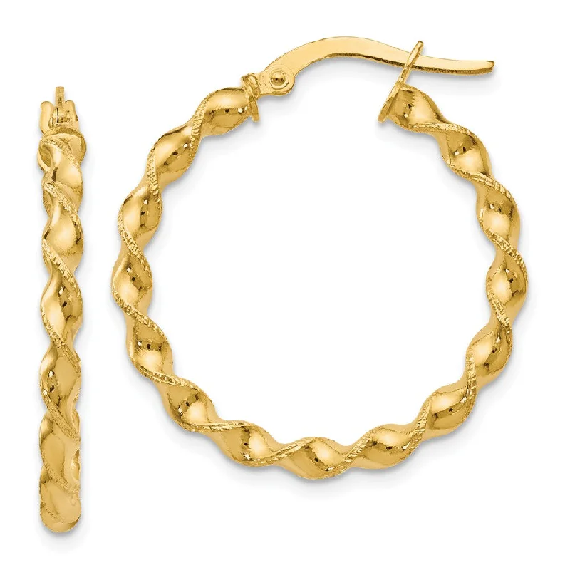 women's handcrafted earrings-2.5mm 14k Yellow Gold Polished & Textured Twisted Hoops, 26mm (1 Inch)