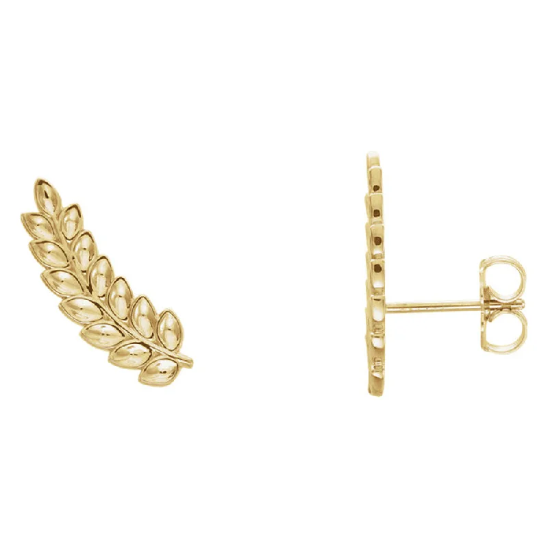 women's feather earrings-5.7mm x 16mm (5/8 Inch) 14k Yellow Gold Petite Leaf Ear Climbers