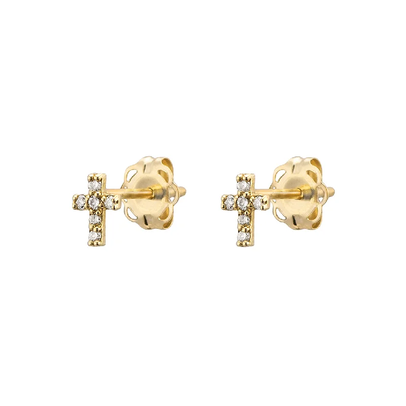 women's ethnic earrings-Petite Diamond Cross Studs in 14k Gold