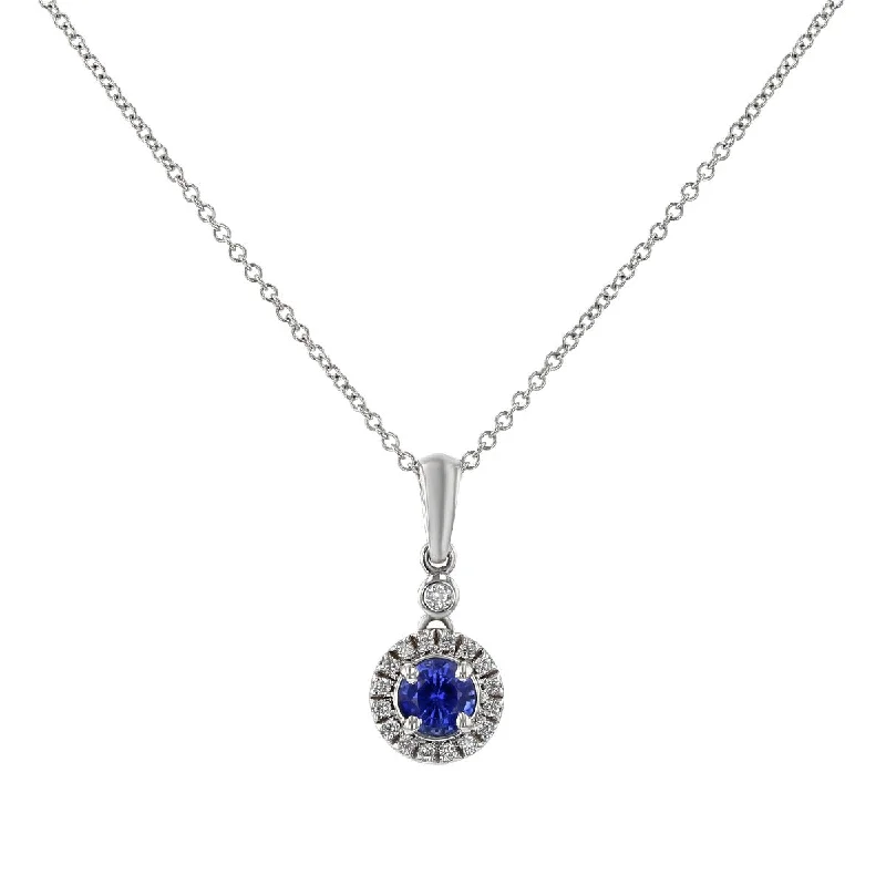 women’s crystal necklaces-Blue Sapphire and Diamond Halo Pendant Necklace