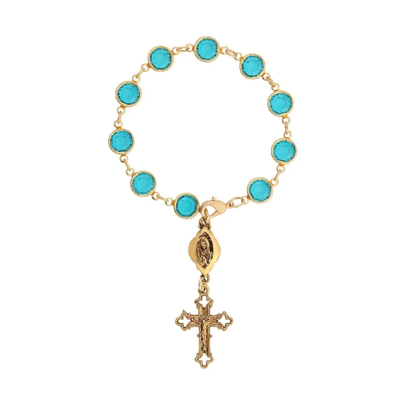 women's birthstone bracelets-Symbols Of Faith Austrian Crystal Blue Zircon Rosary Style Bracelet