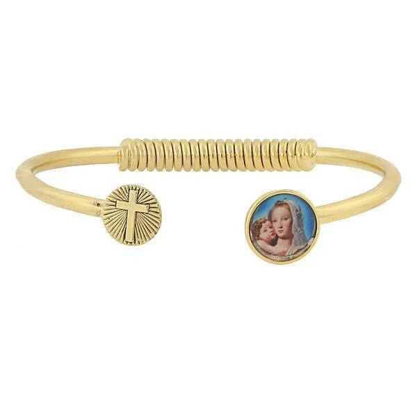 women's black onyx bracelets-Symbols Of Faith Sping Hinge Bracelet With Cross And Mary And Child Decal Accent