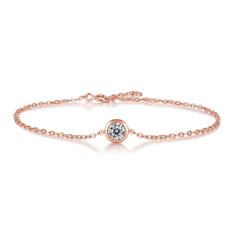 women's custom-made bracelets-Sterling Silver 18k Rose Gold Plated with 0.50ct Lab Created Moissanite Solitaire Station Charm Adjustable Bracelet