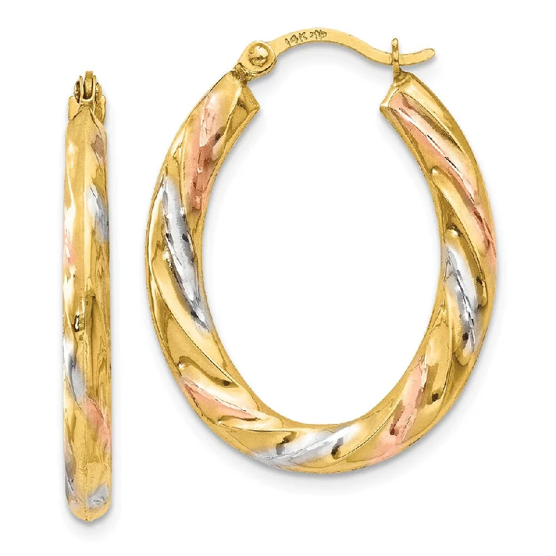 women's statement earrings-3-Color Hollow Oval Hoops in 14k Yellow Gold w/ White and Rose Rhodium