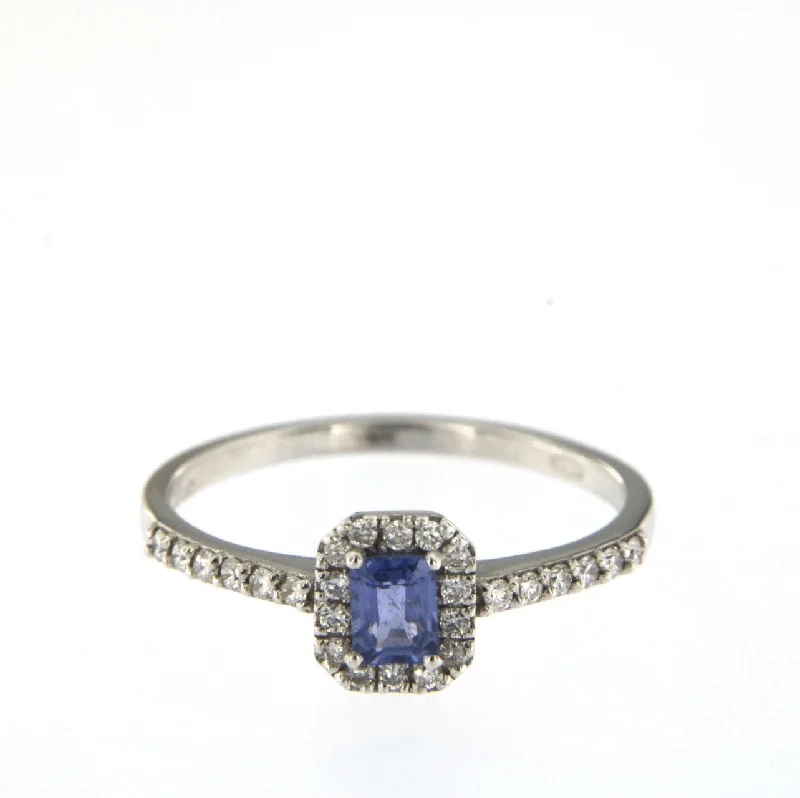 women’s silver rings-Candy 18K White Gold Ring w. Diamonds & Blue Sapphire