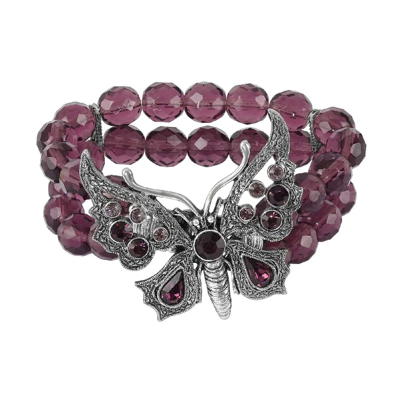 women's adjustable bracelets-1928 Jewelry Butterfly Amethyst Crystal Fire Polished Beaded Stretch Bracelet