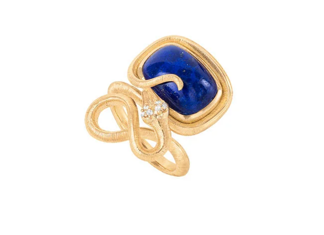 women’s minimalist rings-Snakes Petite 18K Gold Ring w. Diamonds & Lapis