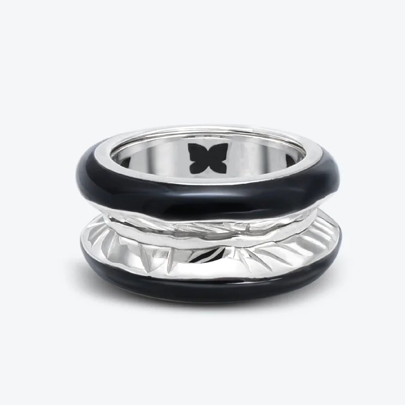 women’s gold-plated rings-Antarctica 18K White Gold Ring w. Jet Black Enamel