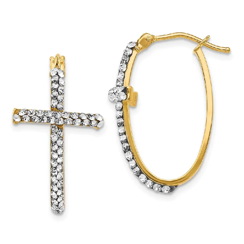 women's silver earrings-30mm (1 3/16 Inch) 14k Yellow Gold with White Crystal Cross Hoops