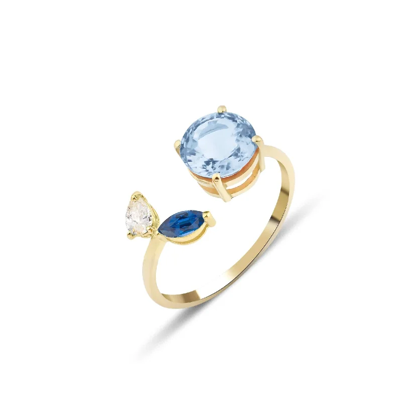 women’s unique wedding rings-Artisia Leaf 18K Gold Ring w. Aquamarine, Diamond & Sapphire