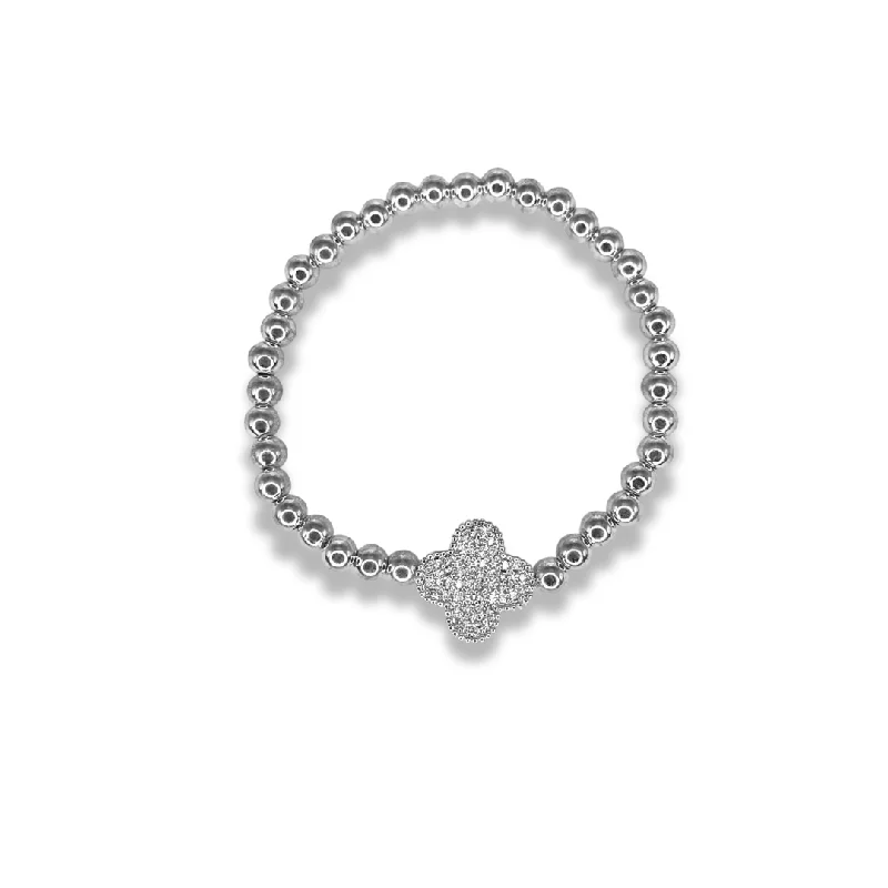 women's link bracelets-Beaded Clover Bracelet Silver Pave