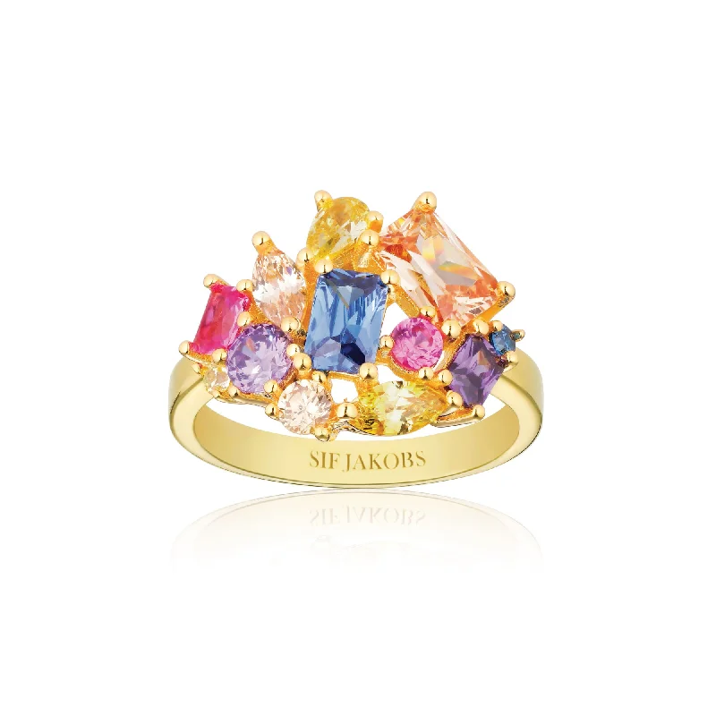 women’s halo rings-Ivrea Grande 18K Gold Plated Ring w. Mixed Colors Zirconias