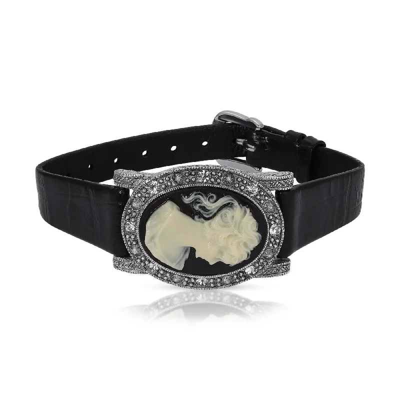 women's statement bracelets-1928 Jewelry Black Diamond Crystal Cameo Crocodile Print Leather Belt Bracelet