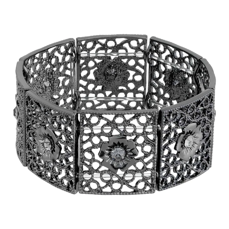 women's engraved cuff bracelets-1928 Jewelry Square Filigree Flower Crystal Stretch Bracelet