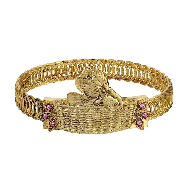 women's wedding bracelets-1928 Jewelry Bowtie Kitten In A Basket Pink Crystal Belt Bracelet