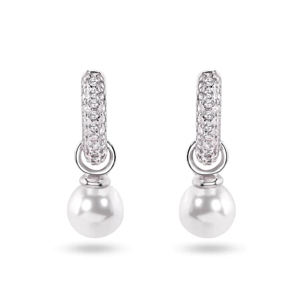 women's birthstone earrings-Sterling Silver Rhodium Plated Dangling Pearl Clear CZ