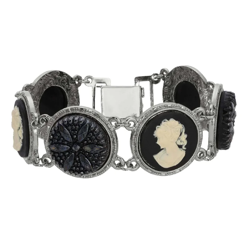 women's spiritual bracelets-1928 Jewelry Black Floral Glass Stone & Cameo Clasp Bracelet