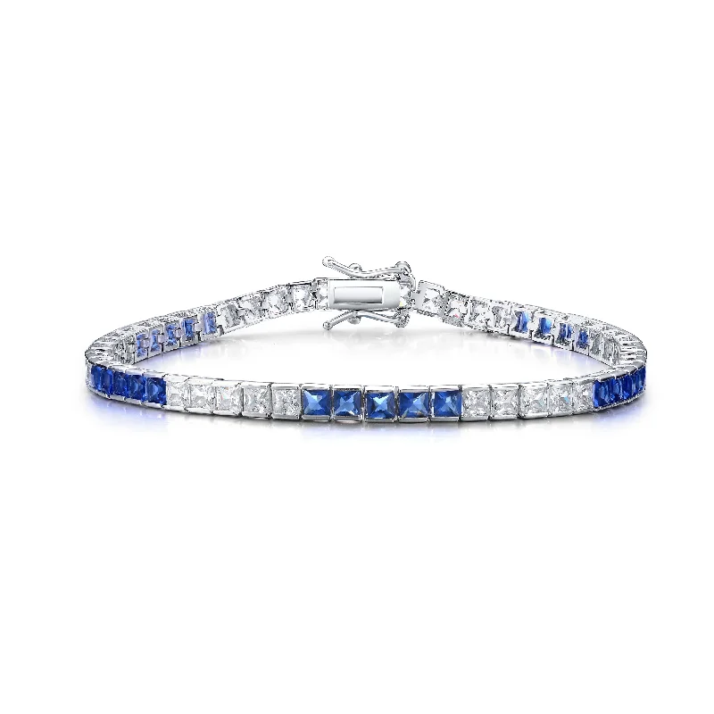 women's stretch bracelets-Sterling Silver Sapphire Cubic Zirconia Tennis Bracelet