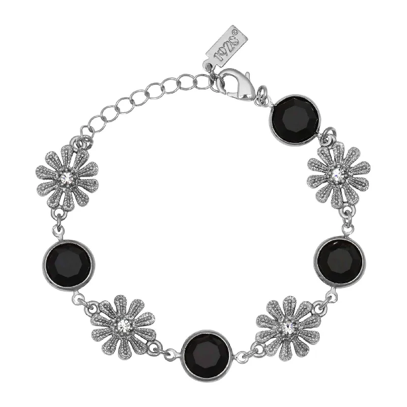 women's alloy bracelets-1928 Jewelry Fleawort Flower Crystal & Round Black Austrian Channel Crystal Flower Bracelet