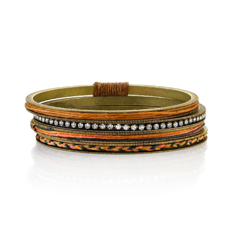 women's bracelets & bangles-T.R.U. Antiqued Bangle Bracelets With Crystals And Braided Waxed Linen