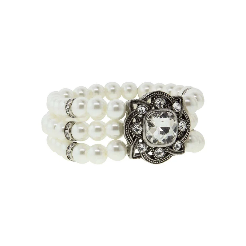 women's engraved bracelets-1928 Bridal Three Row White Faux Pearl and Crystal Stretch Bracelet