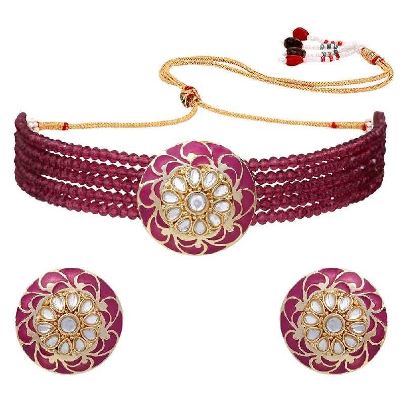 women’s gemstone drop necklaces-Mahi Incredible Gold Plated Maroon Mee Work and Beads Choker Necklace Set for Women (NL1108103GMar)