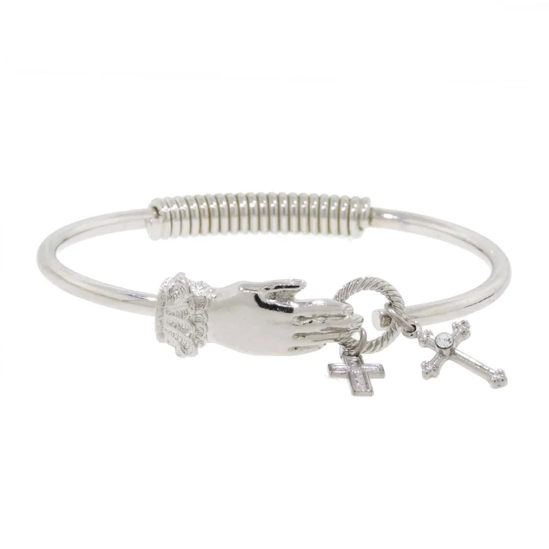 women's matching couple bracelets-1928 Jewelry Silver Hand And Cross Charm Hinge Bangle Bracelet