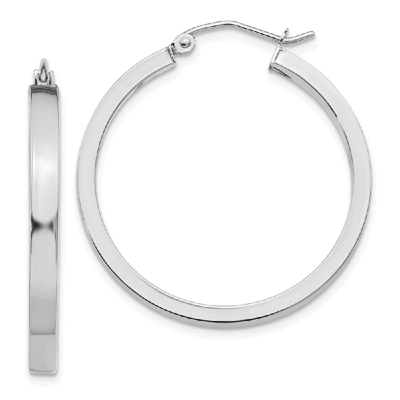 women's fancy earrings-3mm, 14k White Gold Polished Rectangle Tube Hoops, 30mm (1 1/8 Inch)