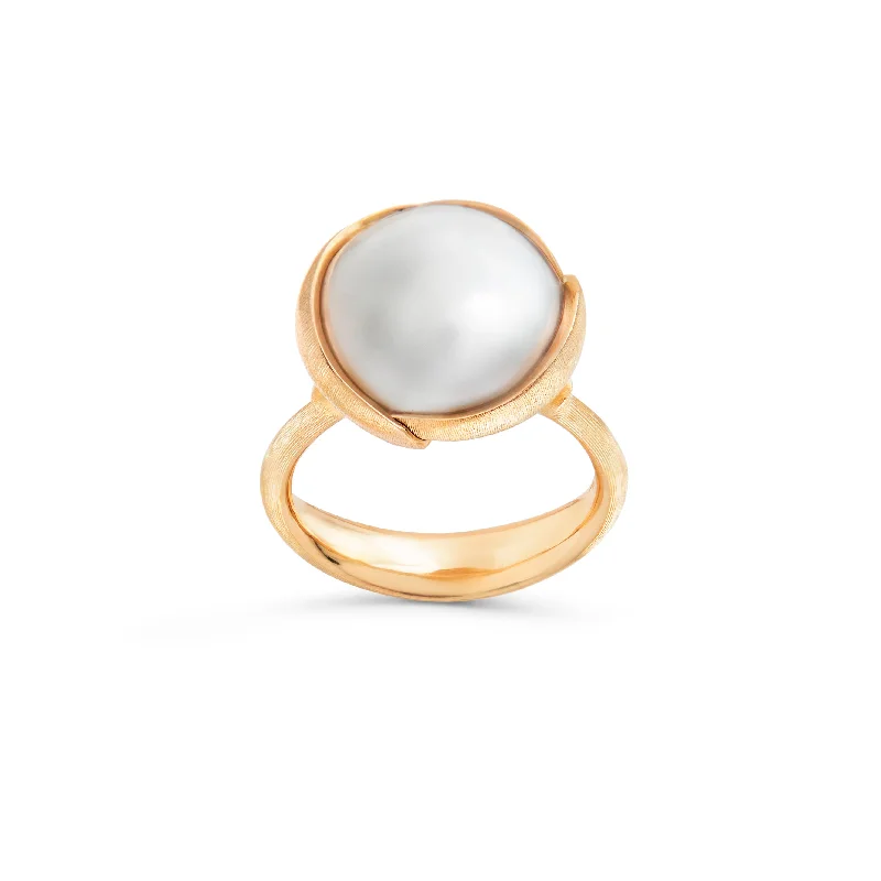 women’s fashion jewelry rings-Large Lotus 18K Gold Ring w. Pearl